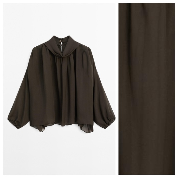 NWT. Massimo Dutti Brown Semi-Sheer Voluminous Blouse. Size XS-S. - Picture 4 of 11